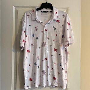 Travis Mathew White Polo with Red and Blue Patterns